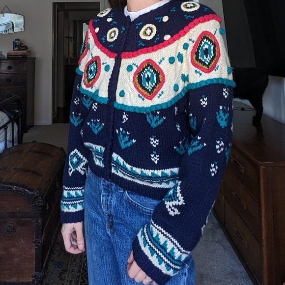 ‼️ SOLD Vintage Knit Pom Pom Cardigan Sweater - Picture 2 of 5